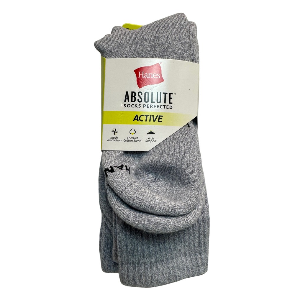 Hanes Absolute Active Mens Crew Socks 3 Pair Pack Grey White Size 6-12
